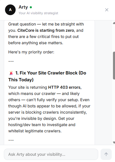 CiteCore AI Advisor answering in plain English, with fixes in priority order, starting with what to do today